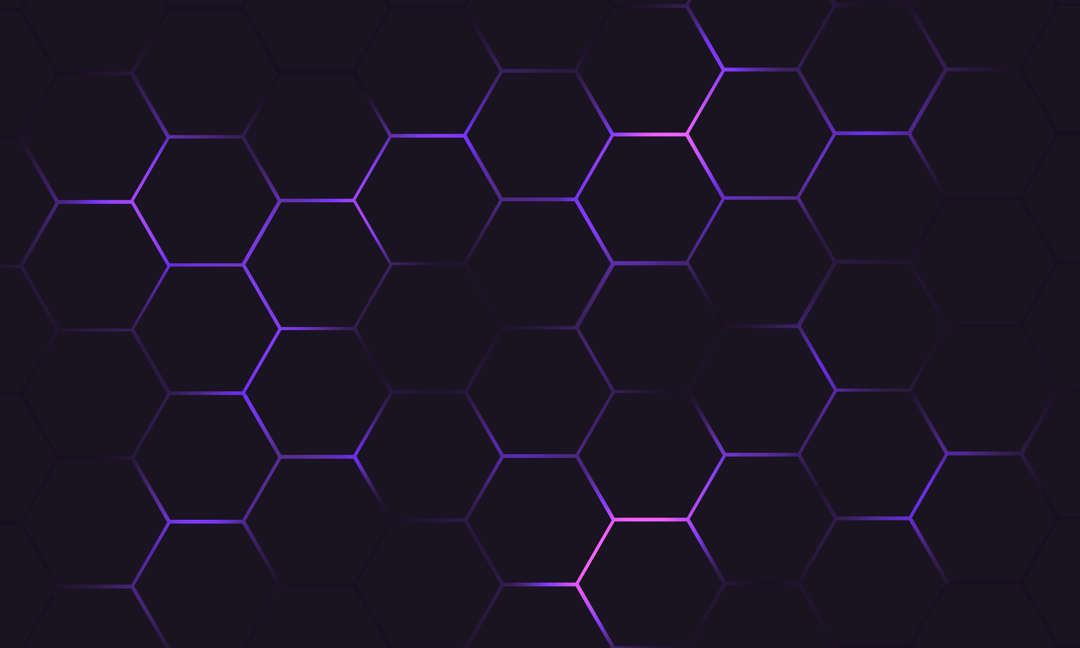 Dark hexagon abstract technology background with purple colored bright flashes.